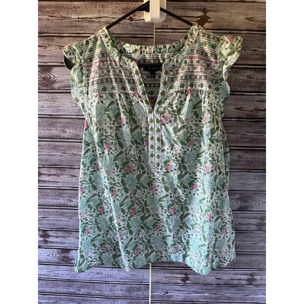 Talbots Women's Flutter Cap Sleeve Top Size L White Floral V-Neck